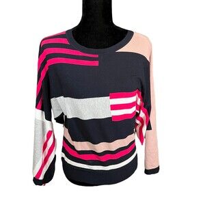 Karen Millen UK Pink Black Cream Grey Colorblock Wide Sleeve Blouse Women's Med